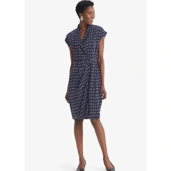 MM. LaFleur Jasmine Short Sleeve Faux Wrap Dress Dark Iris Blue Swipe Print 6 - Picture 1 of 9